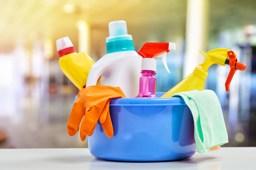 Household cleaning supplies in a bucket